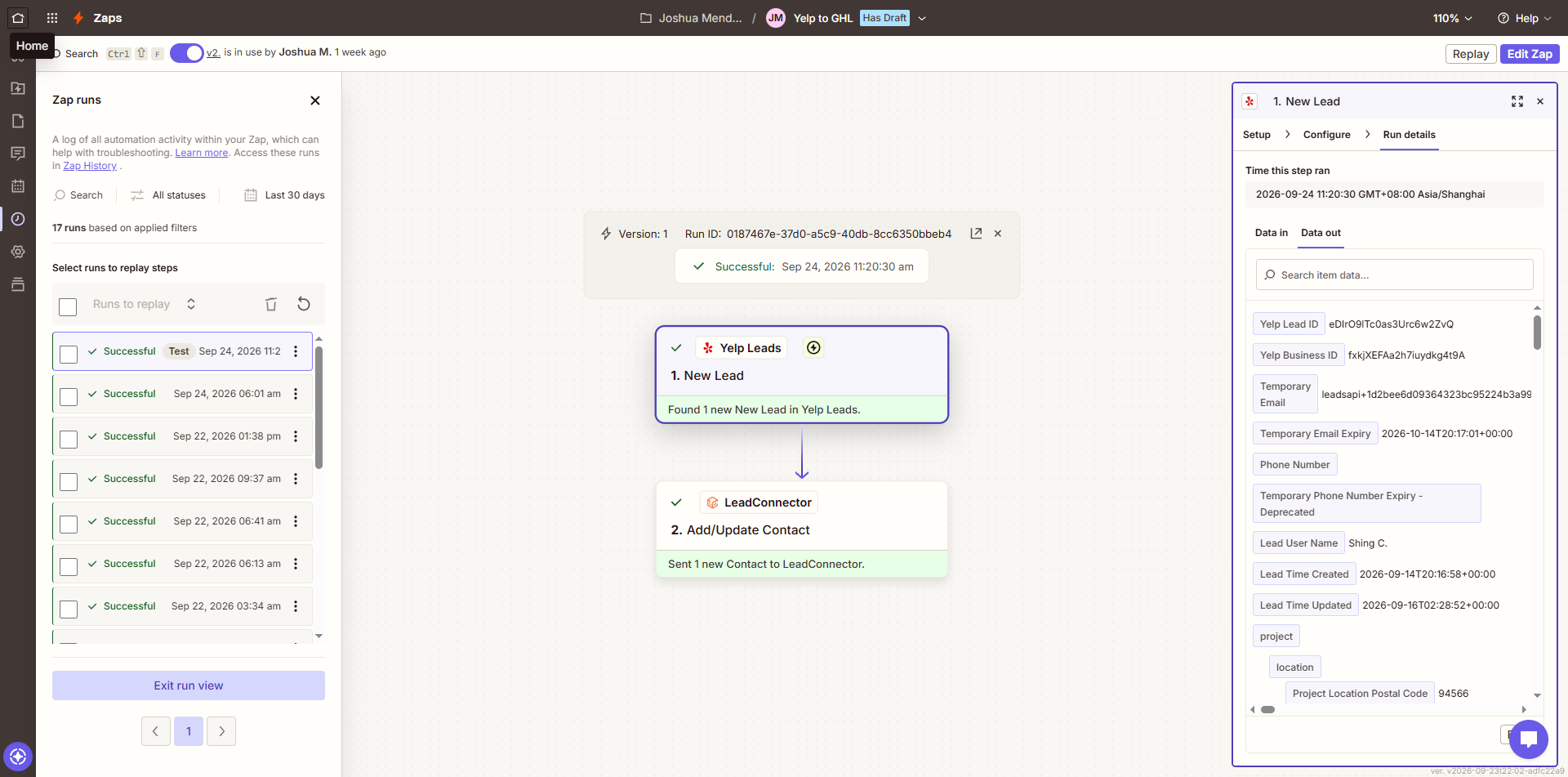 Zapier run: Yelp new lead feeding LeadConnector Add/Update Contact